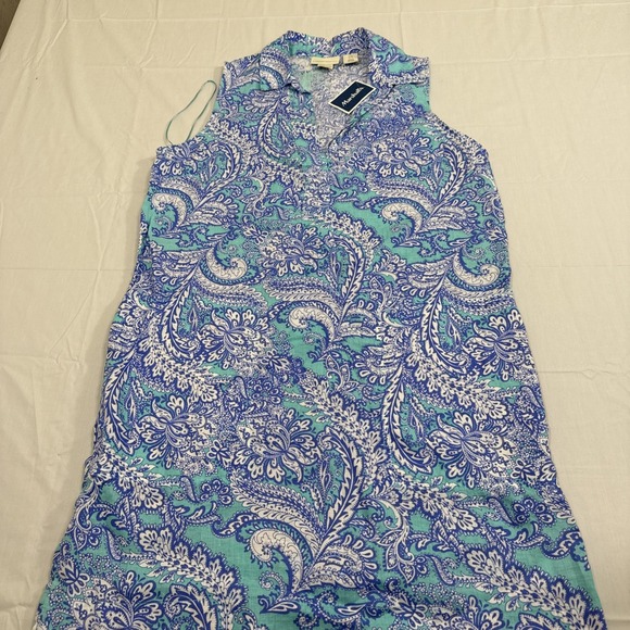 Cynthia Rowley 100% Linen Dress Women's Size 10 Blues Paisley V-Neck NWT - Picture 1 of 6